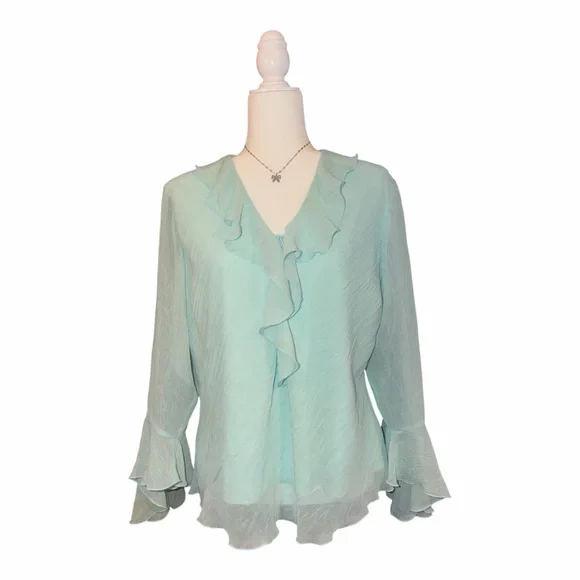 Fairy Core Y2K Mint Ruffle Chiffon Blouse XL Sheer Bell Sleeve Top - Picture 2 of 5